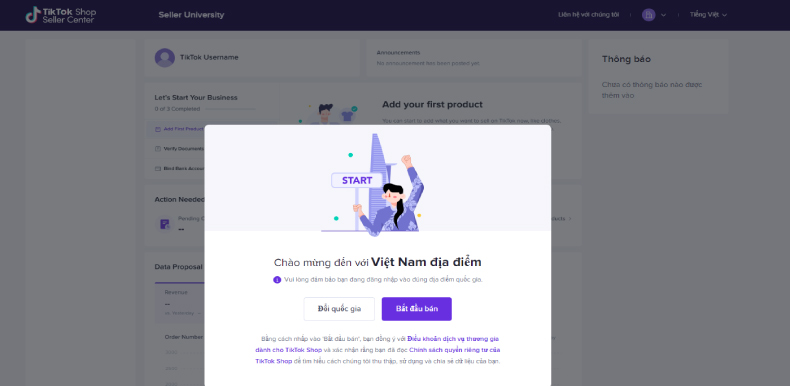 Khi đăng ký thành công, hệ thống sẽ báo lại Tài khoản đăng ký thành công -> Nhấn Bắt đầu bán