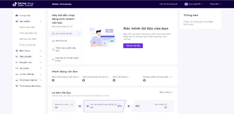 Giao diện hiển thị bảng điều khiển TikTok Shop. Slidebar bên trái màn hình của TikTok Shop