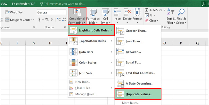 Tại mục Home, bạn chọn Conditional Formatting -> Nhấn chọn Highlight Cells Rules -> Chọn Duplicate Value