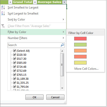 Di chuột đến Filrer by Color -> Nhấn chọn màu sắc ô hoặc chữ cần lọc
