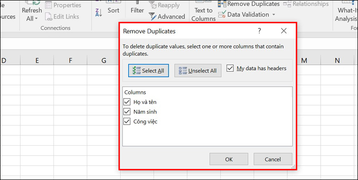 Hộp thoại Remove Duplicates xuất hiện