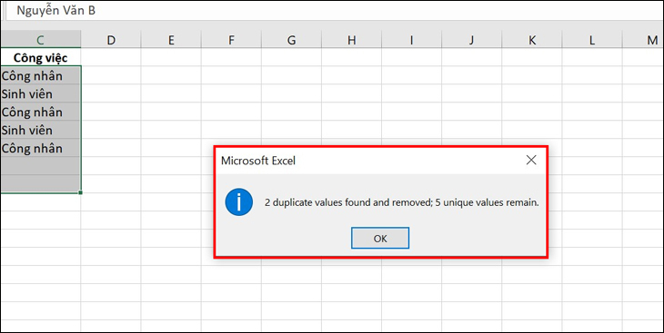 Hộp thoại xuất hiện và hiển thị số lượng mẫu trùng