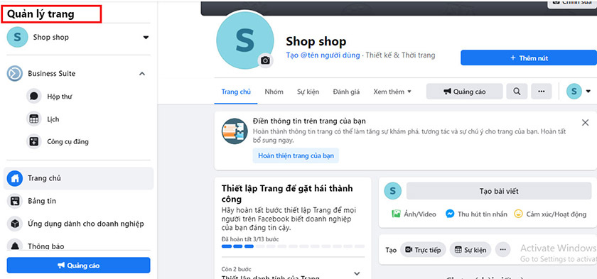 Truy cập fanpage mà bạn đang quản lý