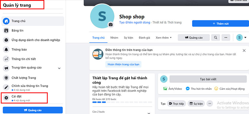 Tại mục quản lý trang, bạn nhấn chọn Cài đặt