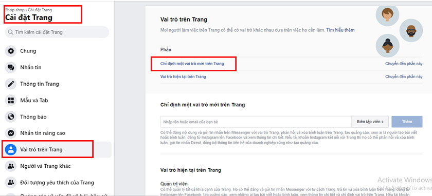 Tại mục cài đặt trang, bạn chọn vai trò tên trang