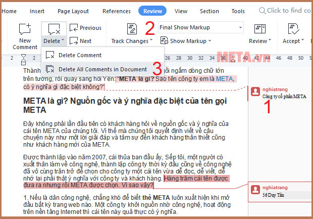 Cách xóa comment trong Word