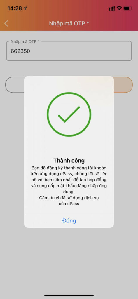 Màn hình thông báo thành công, khách hàng vui lòng đợi khoảng 2 - 4 ngày, nhân viên VDTC sẽ chủ động liên hệ và hẹn ngày tới dán thẻ tại nhà