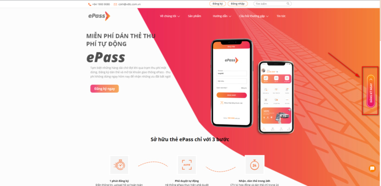 Truy cập website https://epass-vdtc.com.vn/ -> Nhấn chọn Đăng ký ở phía bên phải