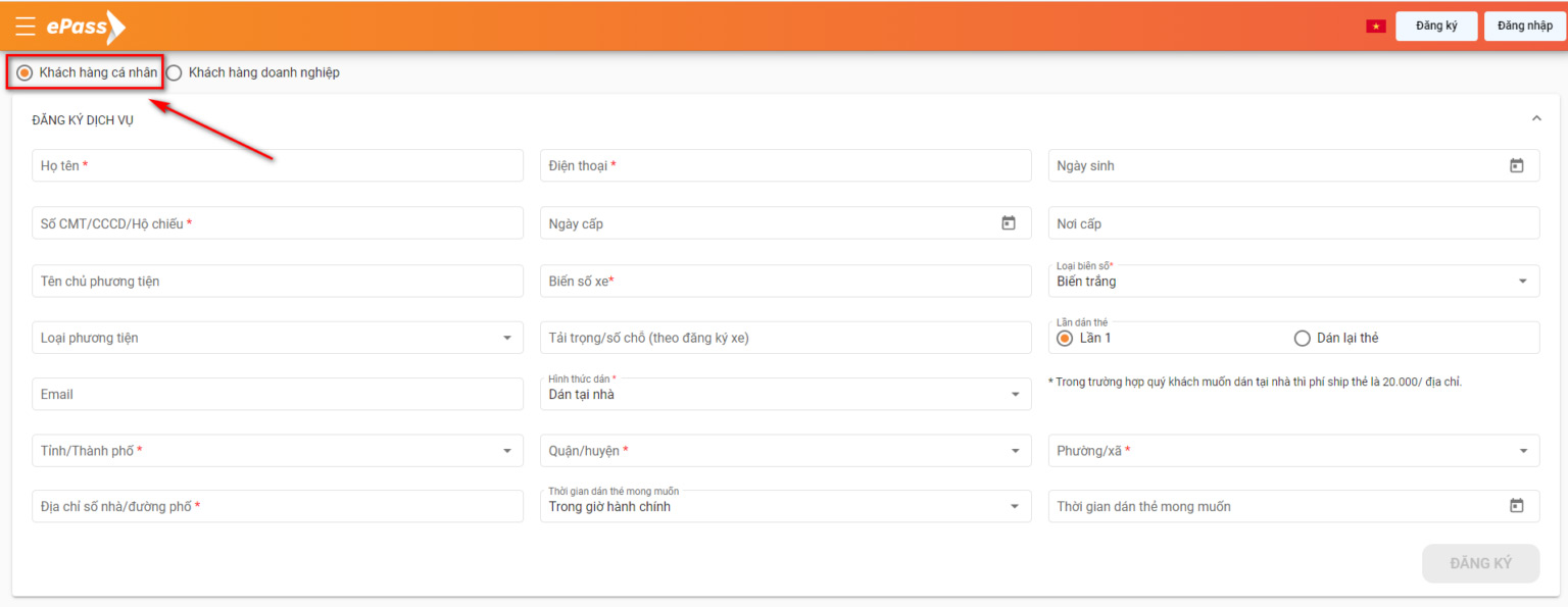 Nhấn chọn mục Khách hàng cá nhân rồi điền đầy đủ thông tin cá nhân