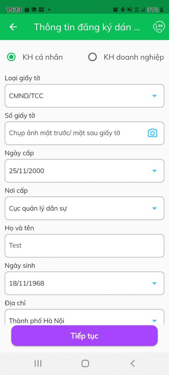 Chọn “Cá nhân” hoặc “Doanh nghiệp và bổ sung thông tin “Đăng ký dan thẻ” -> Nhấn “Tiếp tục”