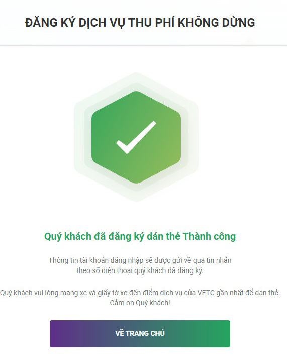 Nhận thông báo đăng ký thành công và số tài khoản giao thông của bạn