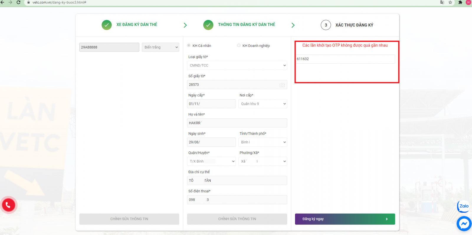 Nhập mã OTP được gửi về điện thoại của bạn -> Nhấn chọn Đăng ký ngay