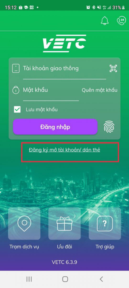 Nhấn chọn “Đăng ký mở tài khoản/dán thẻ”