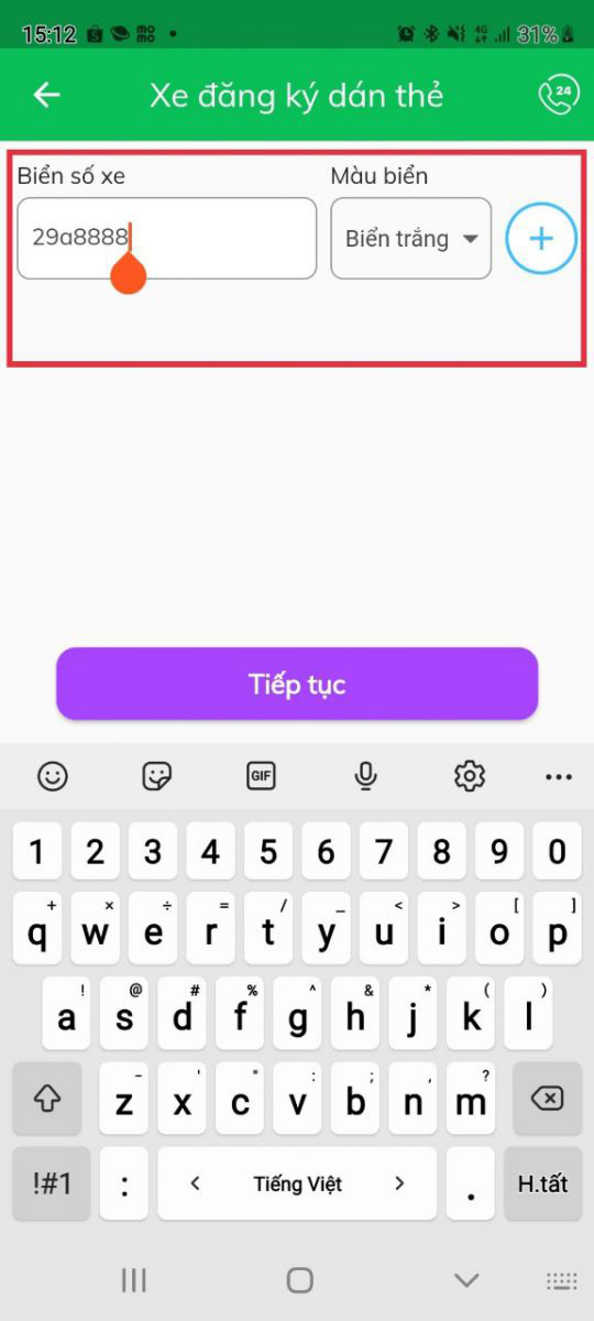 Điền thông tin xe tại mục “Xe đăng ký dán thẻ” -> Nhấn chọn “Tiếp tục”