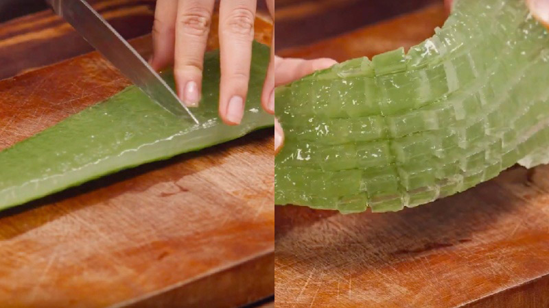 Dùng dao cắt lên phần thịt nha đam thành rãnh giống như hình hướng dẫn dưới đây Dùng dao cắt lên phần thịt nha đam thành rãnh giống như hình hướng dẫn dưới đây