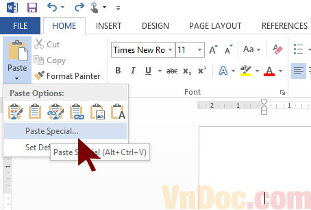 Chọn mục Paste special để chèn file Excel vào Word cách copy, chèn excel vào word
