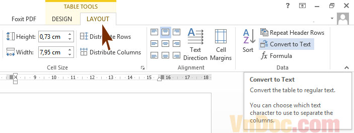 Chọn tab layout để chuyển bảng sang Text Cách biến đổi định dạng Bảng (table) sang Text