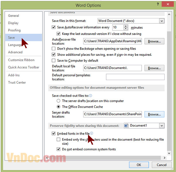 Chọn Embed fonts in the file để đính font kèm file Word Cách lưu file Word không bị lỗi font