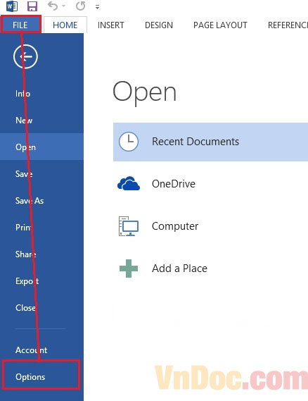 Bạn vào File sau đó chọn Options Cách lưu file Word không bị lỗi font