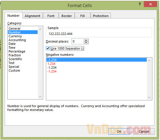 Trong Format cells bạn chọn mục Use 1000 Separator Hướng dẫn đặt dấu phân cách số trong Excel