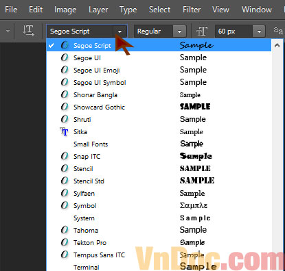 Chọn font chữ bạn muốn sử dụng từ trong danh sách Cách chọn font chữ đẹp trong Photoshop