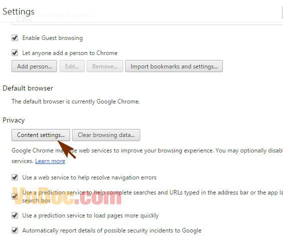 Chọn cài đặt nội dung Cách chặn các trang Web tự mở khi lướt Web