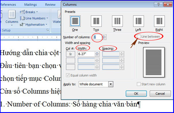 Chọn line between Cách chia cột có đường kẻ trong Word