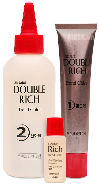Thuốc nhuộm tóc Double Rich nâu ánh cam cá tính 8O với 3 lọ dung dịch nhuộm.