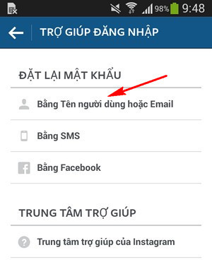 Lấy lại mật khẩu Instagram bằng cách lựa chộn tên người dùng Thủ thuật lấy lại mật khẩu Instagram