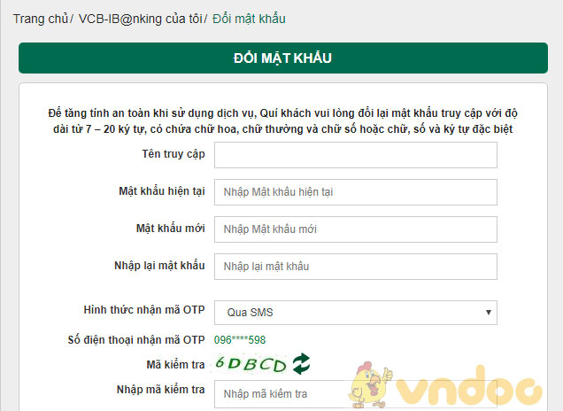 Cách đổi mật khẩu internet banking vietcombank