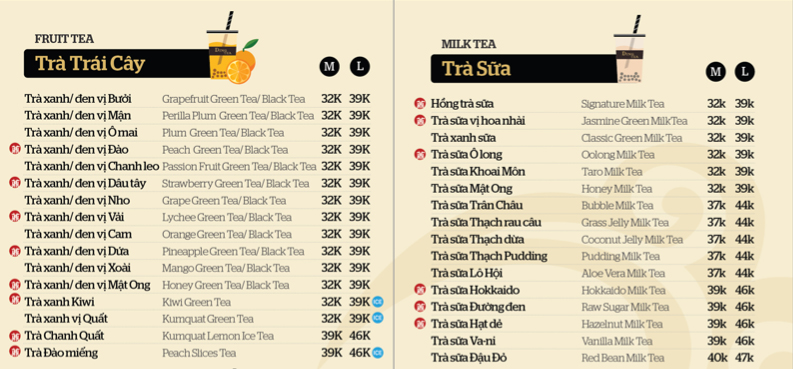 Menu trà sữa dingtea