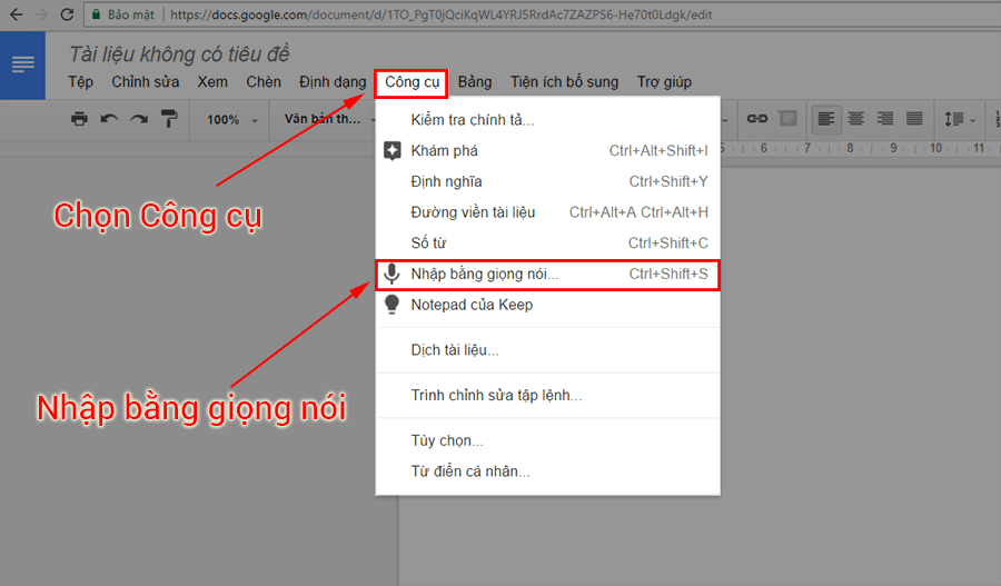Chọn vào mục Công cụ như hình, sau đó chọn mục Nhập bằng giọng nói. Chọn vào mục Công cụ như hình, sau đó chọn mục Nhập bằng giọng nói.