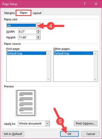 Cách chọn khổ giấy A4 trong word 2010