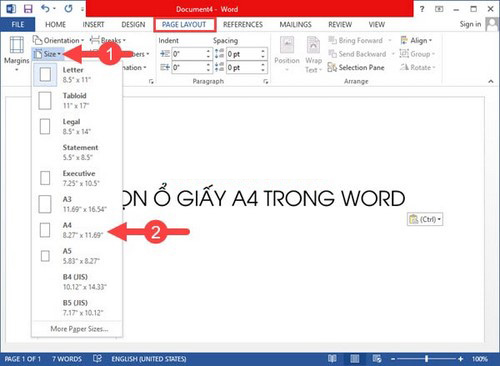 Cách chọn khổ giấy A4 trong word 2013