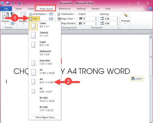 Hướng dẫn chọn khổ giấy A4 trong word 2010
