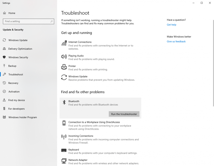 Chọn Bluetooth và chạy trình khắc phục sự cố Chọn Bluetooth và chạy trình khắc phục sự cố