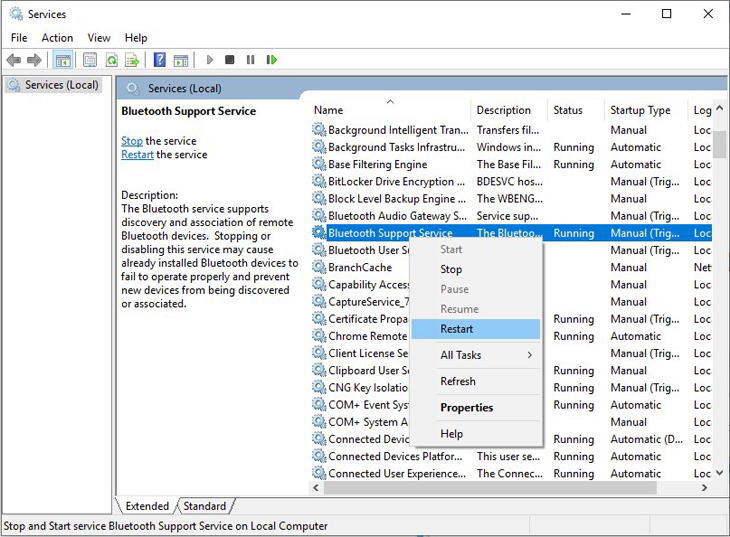 Kích chuột phải vào Bluetooth Support Services và chọn Restart. Kích chuột phải vào Bluetooth Support Services và chọn Restart.