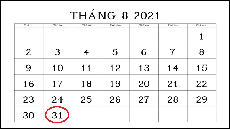 Ngày 31/8/2021 rơi vào thứ Ba