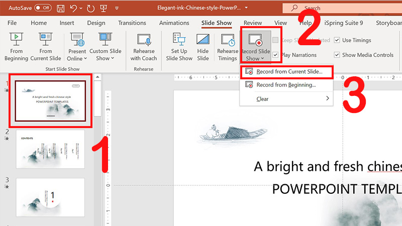 Tua lại vị trí slide đầu tiên ghi hình, nhấn chọn Record Slide Show > Chọn Record from Current Slide... Tua lại vị trí slide đầu tiên ghi hình, nhấn chọn Record Slide Show > Chọn Record from Current Slide...