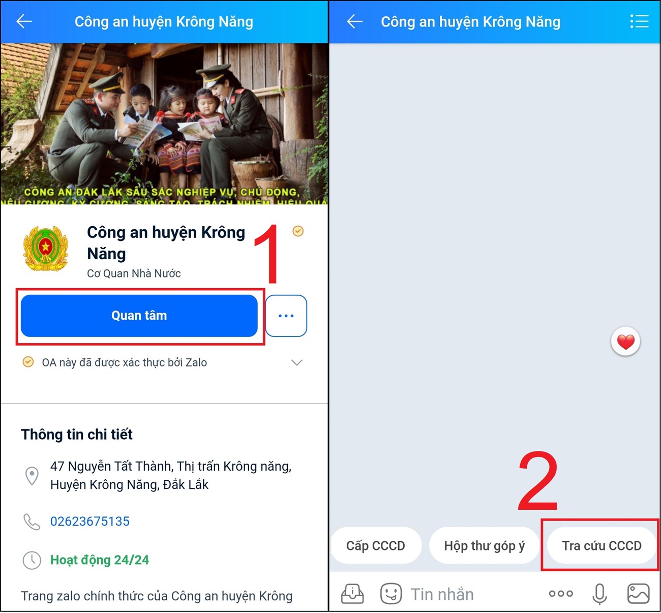 Bạn nhấn vào biểu tượng Quan tâm > Giao diện sẽ hiển thị khung cửa sổ chat, lúc này bạn cần bấm chọn chức năng Tra cứu CCCD.