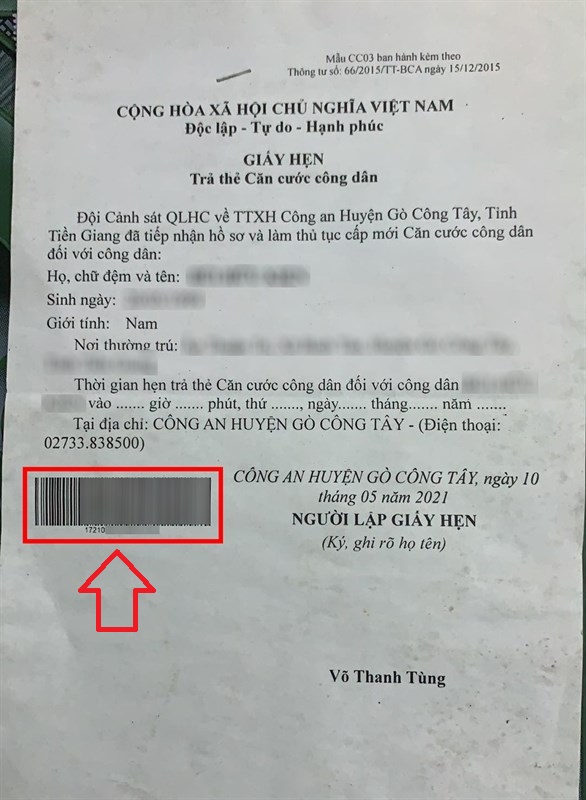 Mã hồ sơ chính là mã số hồ sơ trên giấy hẹn trả Căn cước công dân của bạn