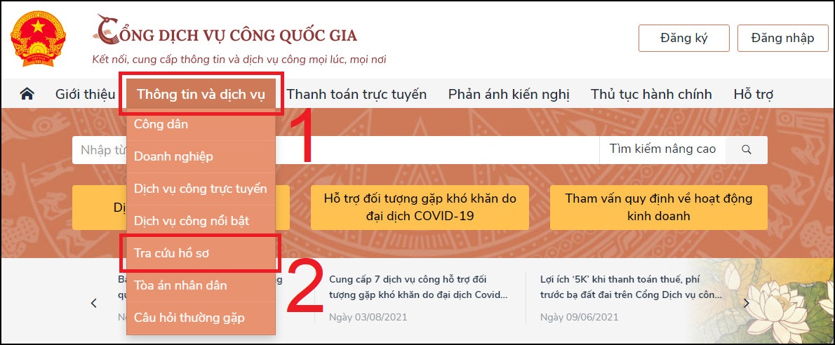 Bạn chọn mục Thông tin và dịch vụ > Chọn mục Tra cứu hồ sơ 