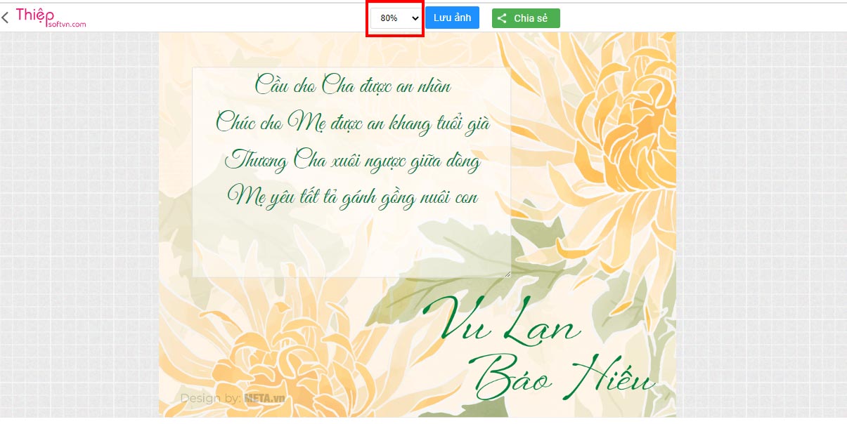 Điều chỉnh mức độ % của thiệp để phóng to hoặc nhỏ lại