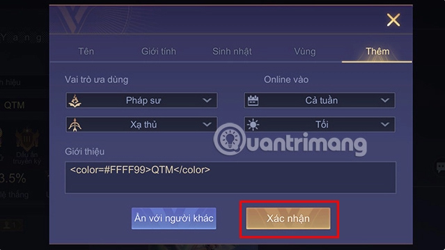 Nhấn Xác nhận để hoàn tất quá trình viết chữ màu trong phần khung Ký của Liên Quân là xong