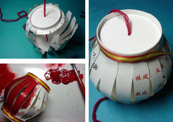 Dùng màu nước đỏ tô lên các dải của cốc giấy