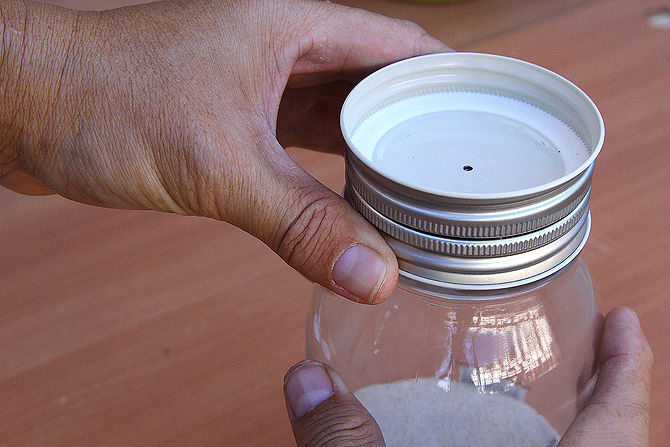 Nắp phần nắp của chúng vào chai thủy tinh