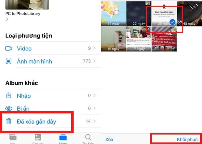 Khôi phục ảnh đã xóa từ mục Đã xóa gần đây