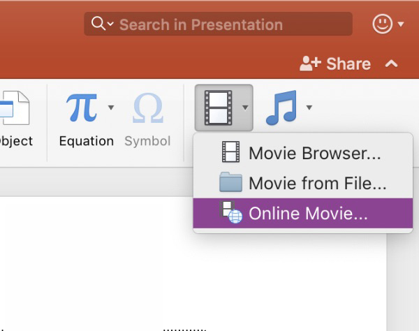 Nhấn chọn vào mục video trên thanh công cụ Insert -> Nhấn chọn Online Video
