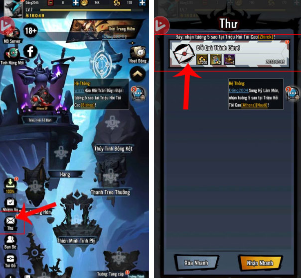 Khung cửa sổ Thư xuất hiện, bạn nhấn vào mục Đổi quà thành công -> Nhấn tiếp vào nút Nhận ở phía dưới màn hình