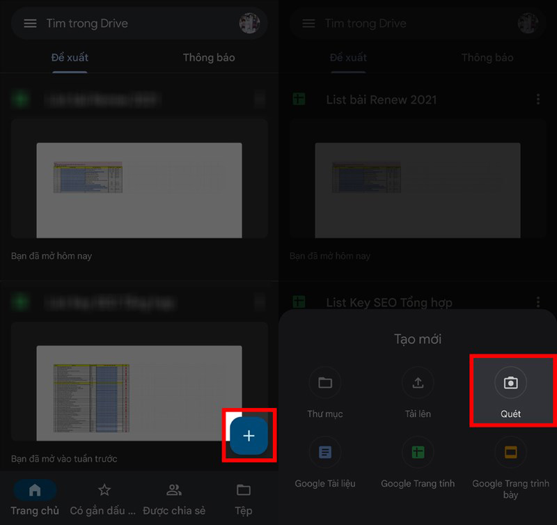 Mở ứng dụng Google Drive lên -> Nhấn vào dấu “+” ở dưới góc bên phải màn hình